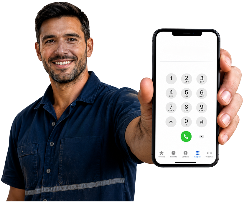 Homebush Blocked Drains plumber holding a phone — call 1300 261 965