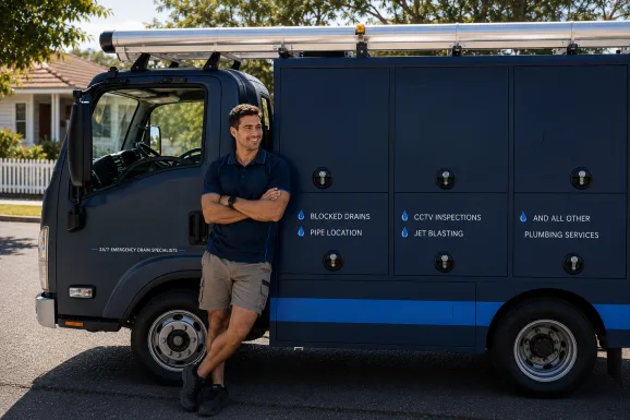 Service van and plumber at a Homebush callout