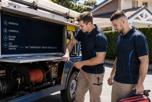 Two plumbers working on a blocked drain in Homebush
