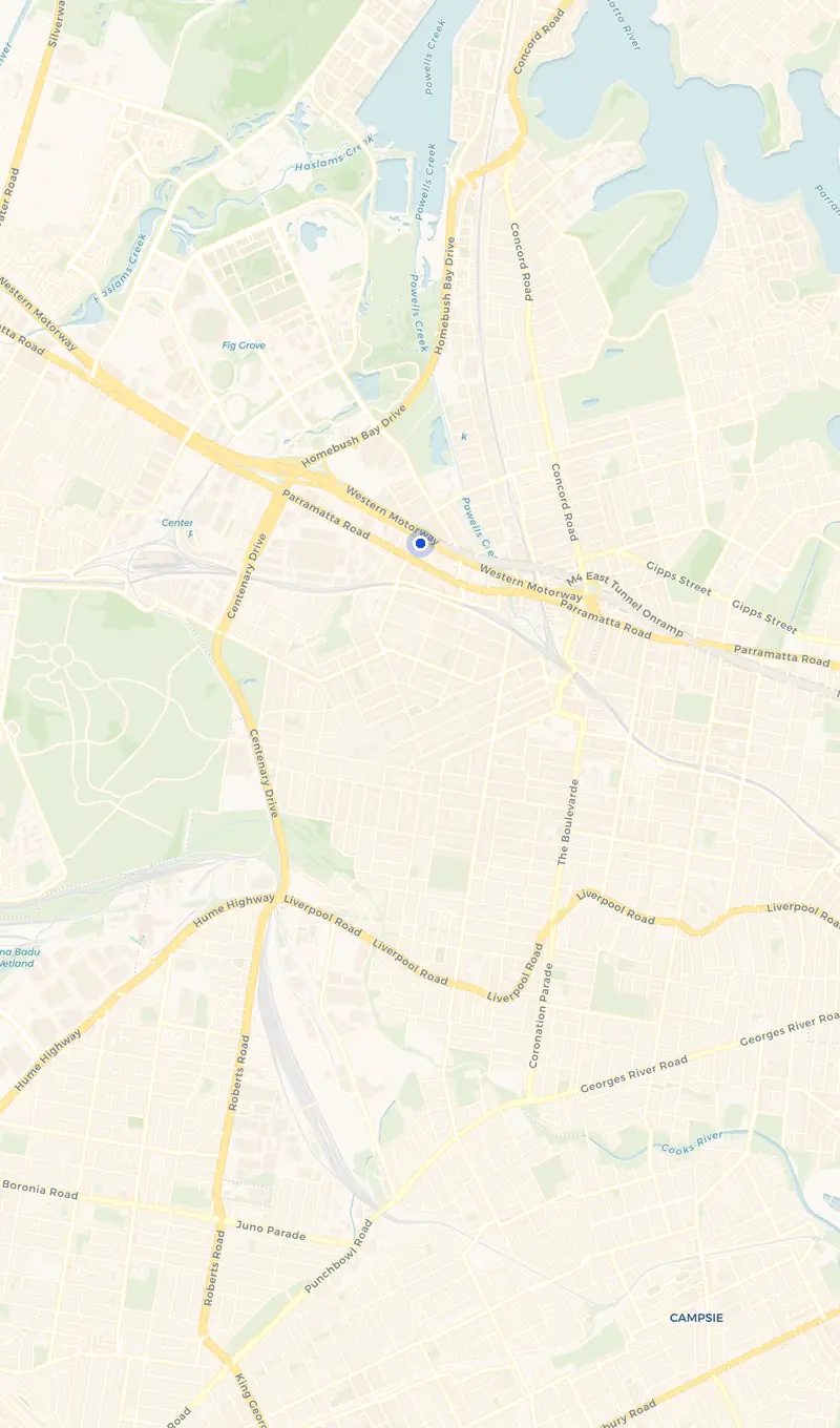 Map of the Homebush service area and the surrounding suburbs we cover.