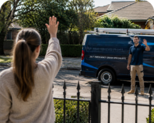 Customer waving goodbye to a Homebush Blocked Drains plumber